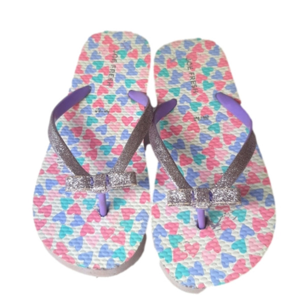 💖Girls size 3-4 joe fresh flip flop/thong  sandles purple hearts bows glitter - Picture 1 of 4